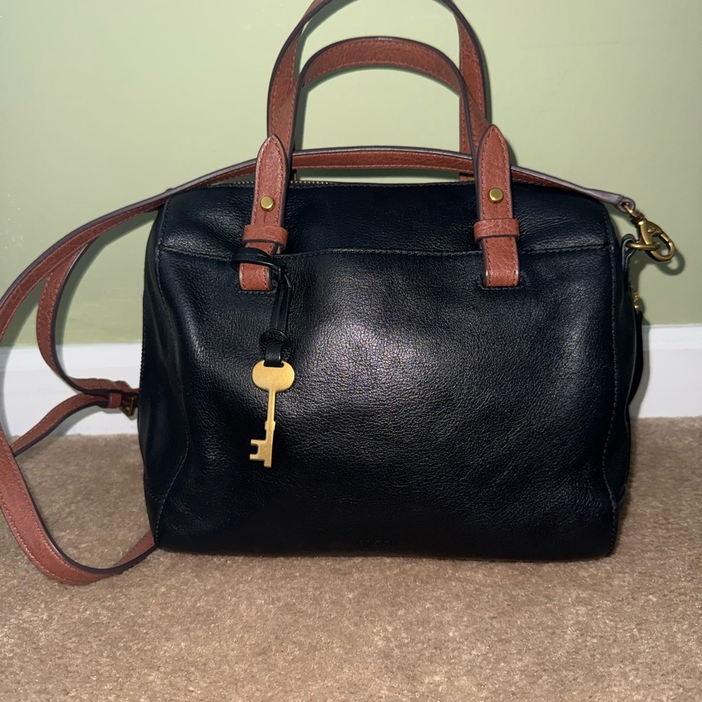 Fossil Black Leather Handbag with Brown Straps